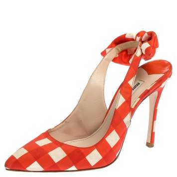 Pre Owned Miu Miu Orange/White Check Fabric Vichy Bow Slingback Sandals Size 39