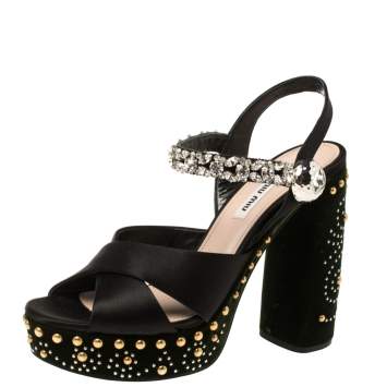 Pre Owned Miu Miu Black/Green Satin and Studded Velvet Crystal Embellished Platform Ankle Strap Sandals Size 38.5