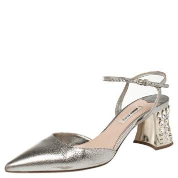 مملوكة مسبقًا Miu Miu Silver Leather Jewel Embellished Block Heel Ankle Strap Pumps Size 37.5
