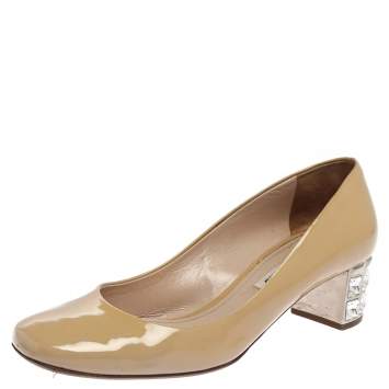 Pre Owned Miu Miu Beige Patent Leather Crystal Embellished Block Heel Pumps Size 37.5