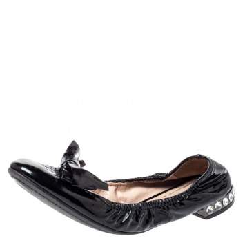 Pre Owned Miu Miu Black Patent Leather Crystal Embellished Ballet Flats Size 39.5