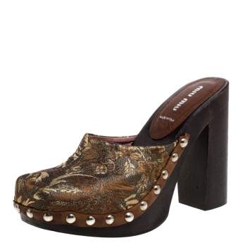 Pre Owned Miu Miu Brown/Gold Brocade Fabric Studded Platform Clogs Size 39.5