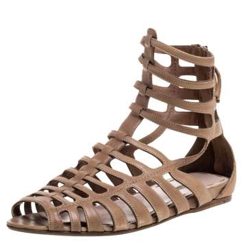 Pre Owned Miu Miu Light Brown Leather Gladiator Flat Sandals Size 39.5