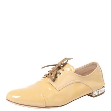 Pre Owned Miu Miu Beige Patent Leather Crystal Embellished Heel Lace Derby Size 36
