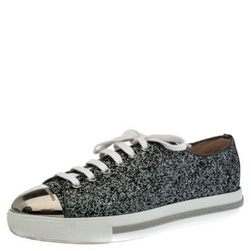 Pre Owned Miu Miu Metallic Grey Coarse Glitter Metal Cap Toe Low Top Sneakers Size 38
