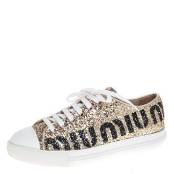 Pre Owned Miu Miu Metallic Gold Glitter Low Top Sneakers Size 36