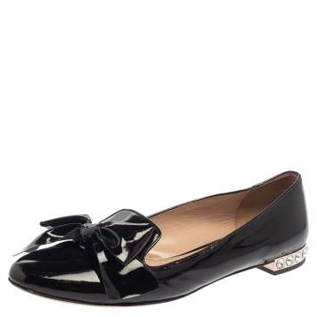 Pre Owned Miu Miu Black Patent Leather Crystal Embellished Heel Bow Slip On Loafers Size 40