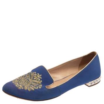 Pre Owned  Miu Miu Blue Canvas Embroidered Crystal Studded Smoking Slippers Size 39