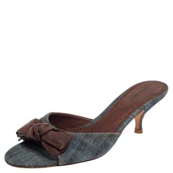 مملوكة مسبقًا Miu Miu Blue Denim Bow Slide Sandals Size 38