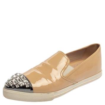 Pre Owned Miu Miu Beige Patent Leather Crystal Embellished Cap Toe Sneakers Size 36.5