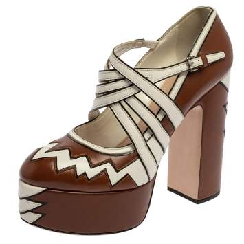 مملوكة مسبقًا Miu Miu Brown/White Leather Mary Jane Strap Pumps Size 38