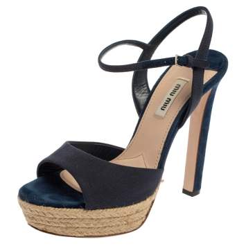 Pre Owned Miu Miu Blue Fabric Platform Espadrille Sandals Size 38