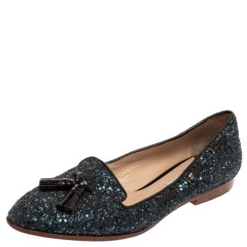 Pre Owned Miu Miu Blue Glitter And Leather Tassel Smoking Loafer Size 38.5