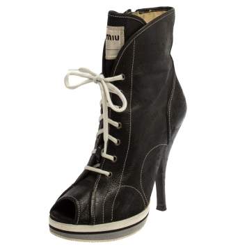 Pre Owned Miu Miu Black Leather Peep Toe Platform Ankle Boots Size 38 