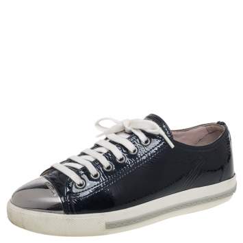 Pre Owned Miu Miu Black Patent Leather Metal Cap Toe Lace Up Sneakers Size 36.5