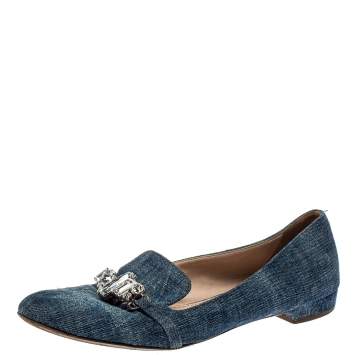Pre Owned Miu Miu Blue Denim Crystal Embellished Smoking Slippers Size 40