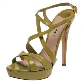 Pre Owned Miu Miu Green Patent Leather Criss Cross Ankle Strap Platform Sandals Size 41.5