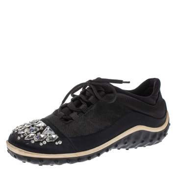 Pre Owned Miu Miu Black Fabric Crystal Embellished Low Top Sneakers Size 38