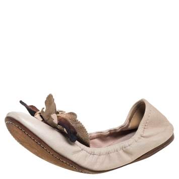 Pre Owned Miu Miu Beige Leather Embellished  Flats Size 38