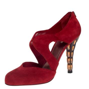 Pre Owned Miu Miu Red Suede Cut Out Embellished Heel Round Toe Pumps Size 40