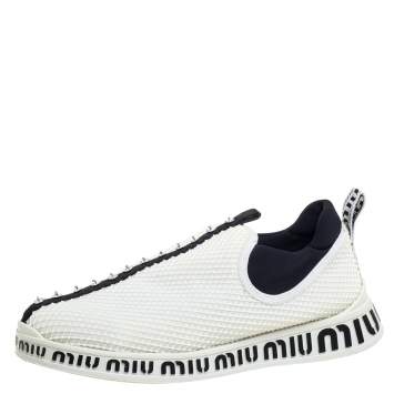 مملوكة مسبقًا Miu Miu White Mesh Crystal Embellished Slip On Sneakers Size 39.5