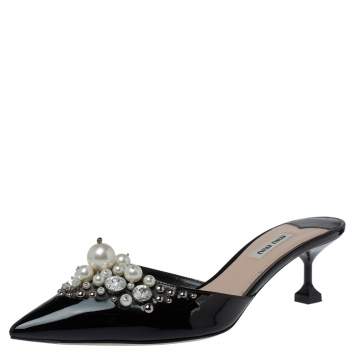 Pre Owned Miu Miu Black Patent Leather Embellished Pointed Toe Mules Size 39.5 