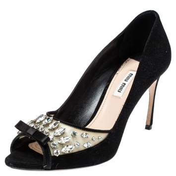 Pre Owned Miu Miu Black Crystal Embellished PVC and Suede Peep Toe Pumps Size 38.5
