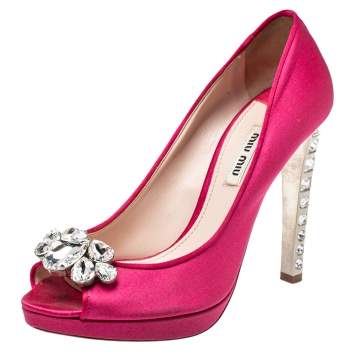 Pre Owned Miu Miu Pink Satin Crystal Embellished Heel Peep Toe Platform Pumps Size 38