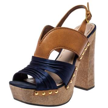 Pre Owned Miu Miu Blue Satin And Leather Studded Platform Sandals Size 39