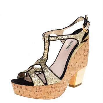 Pre Owned Miu Miu Gold/Black Glitter And Suede  T-Strap  Sandals Size 41