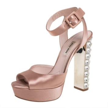 Pre Owned Miu Miu Nude Satin Embellished Block Heel Peep Toe Platform Ankle Strap Sandals Size 38.5