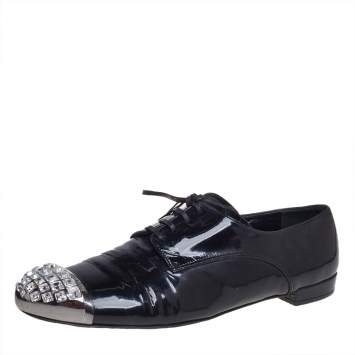 Pre Owned Miu Miu Black Patent Leather Crystal Embellished Cap Toe Oxfords Size 40