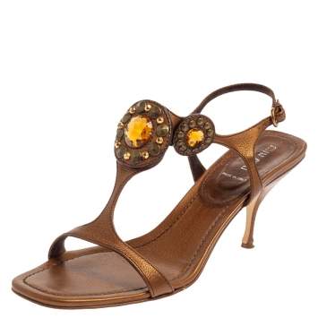مملوكة مسبقًا Miu Miu Brown Leather Embellished Sandals Size 40
