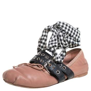 Pre Owned Miu Miu Beige Leather Belted Ankle Wrap Ballerina Flats Size 37.5