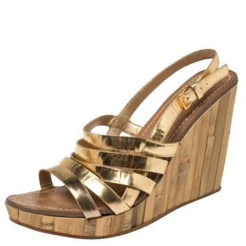 Pre Owned Miu Miu Gold Leather Panel Bamboo Wedge Sandals Size 40