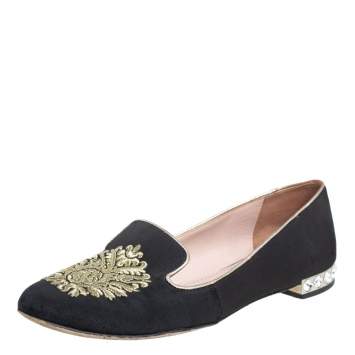 Pre Owned Miu Miu Black Canvas Embroidered Crystal Embellished Smoking Slippers Size 36