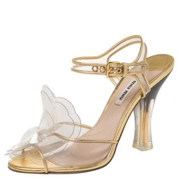 Pre Owned Miu Miu Gold PVC And Leather Vinyl Floral Embellished Sandals Size 37.5