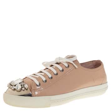 Pre Owned Miu Miu Beige Patent Leather Crystal Embellished Low Top Sneakers Size 39