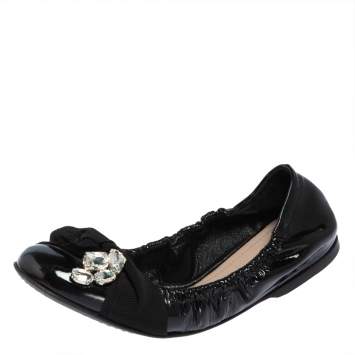 Pre Owned Miu Miu Black Patent Crystal Embellished Scrunch Ballet Flats Size 37.5