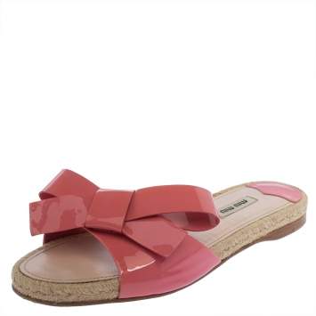 Pre Owned Miu Miu Pink Patent Leather Bow Espadrille Slide Flats Size 39