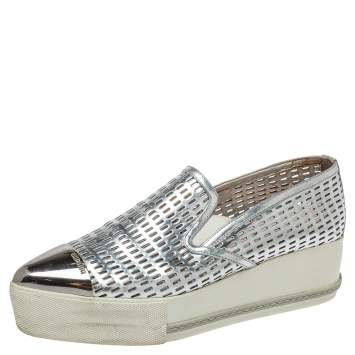 Pre Owned Miu Miu Silver Perforated Leather Metal Cap Toe Platform Sneakers Size 39.5