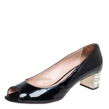 Pre Owned Miu Miu Black Patent Leather Crystal Embellished Block Heel Peep Toe Pumps Size 38