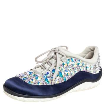 Pre Owned Miu Miu Blue/Grey Satin And Mesh Astro Low Top Sneakers Size 37