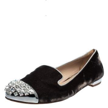Pre Owned Miu Miu Brown Velvet Embellished Smoking Slippers Size 38.5