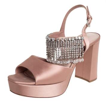 Pre Owned Miu Miu Beige Satin Embellished Platform Sandals Size 38.5