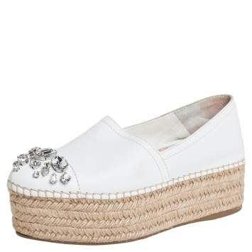 Pre Owned Miu Miu Off White Leather Crystal Embellished Espadrilles Size 36