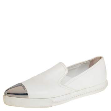 Pre Owned Miu Miu White Leather Metal Cap Toe Platform Slip On Sneakers Size 37