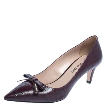 Pre Owned Miu Miu Croc Embossed Leather Bow Pointed Pumps Size 37.5