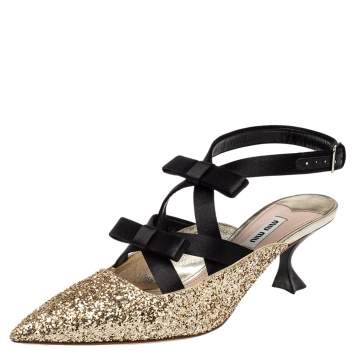 Pre Owned Miu Miu Gold Glitter And Satin Double Bow Ankle Strap Pumps Size 39