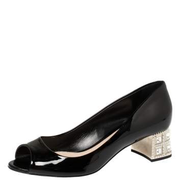 مملوكة مسبقًا Miu Miu Black Patent Leather Crystal Embellished Heel Peep Toe Pumps 37.5